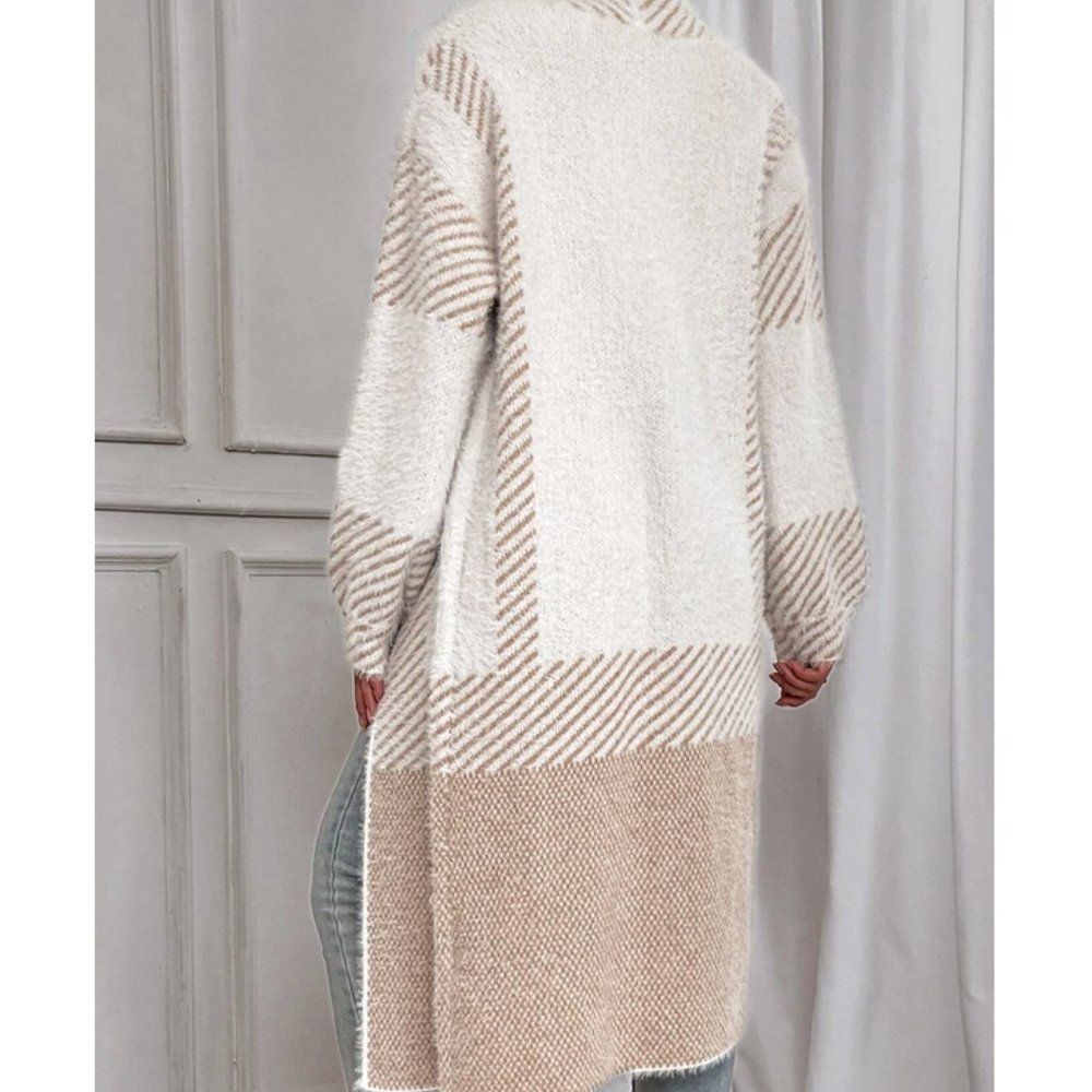 Tan  Striped Pattern Fuzzy Duster Knit Sweater Cardigan - Picture 4 of 10